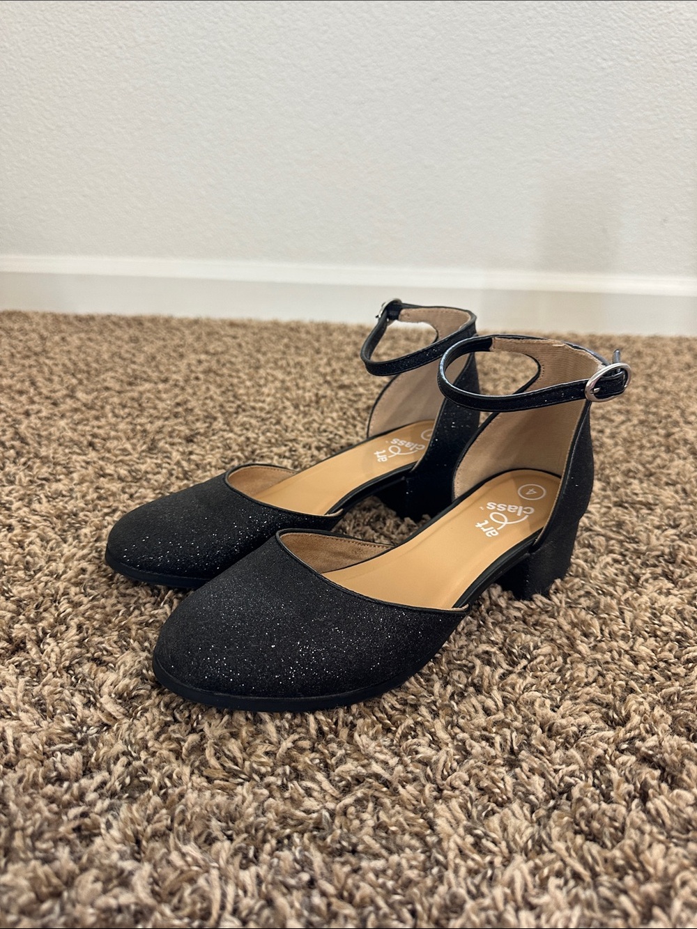 Art Class Girl’s Black Glitter Ankle-Strap Block Heel Pumps
